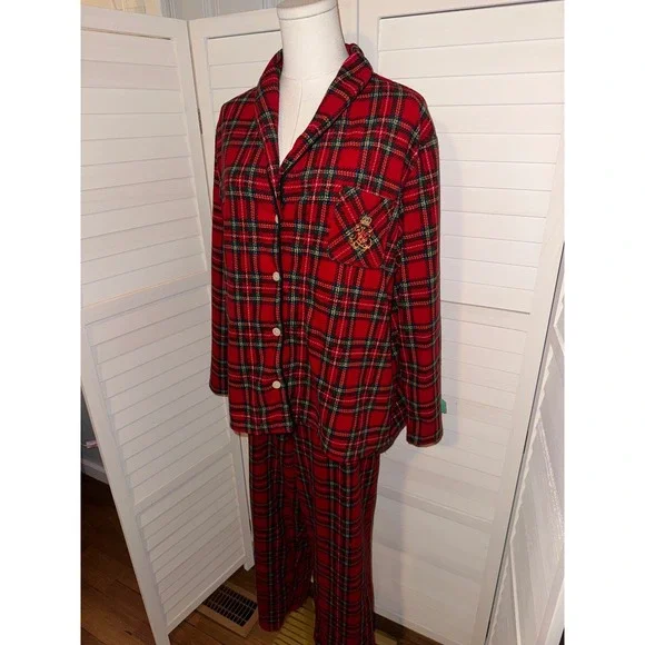 Lauren Ralph Lauren Red Plaid Fleece Pajama Set Women's XL Button Down Top Pants - Picture 4 of 10